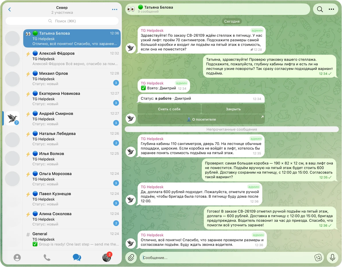 Работа оператора в Telegram Desk