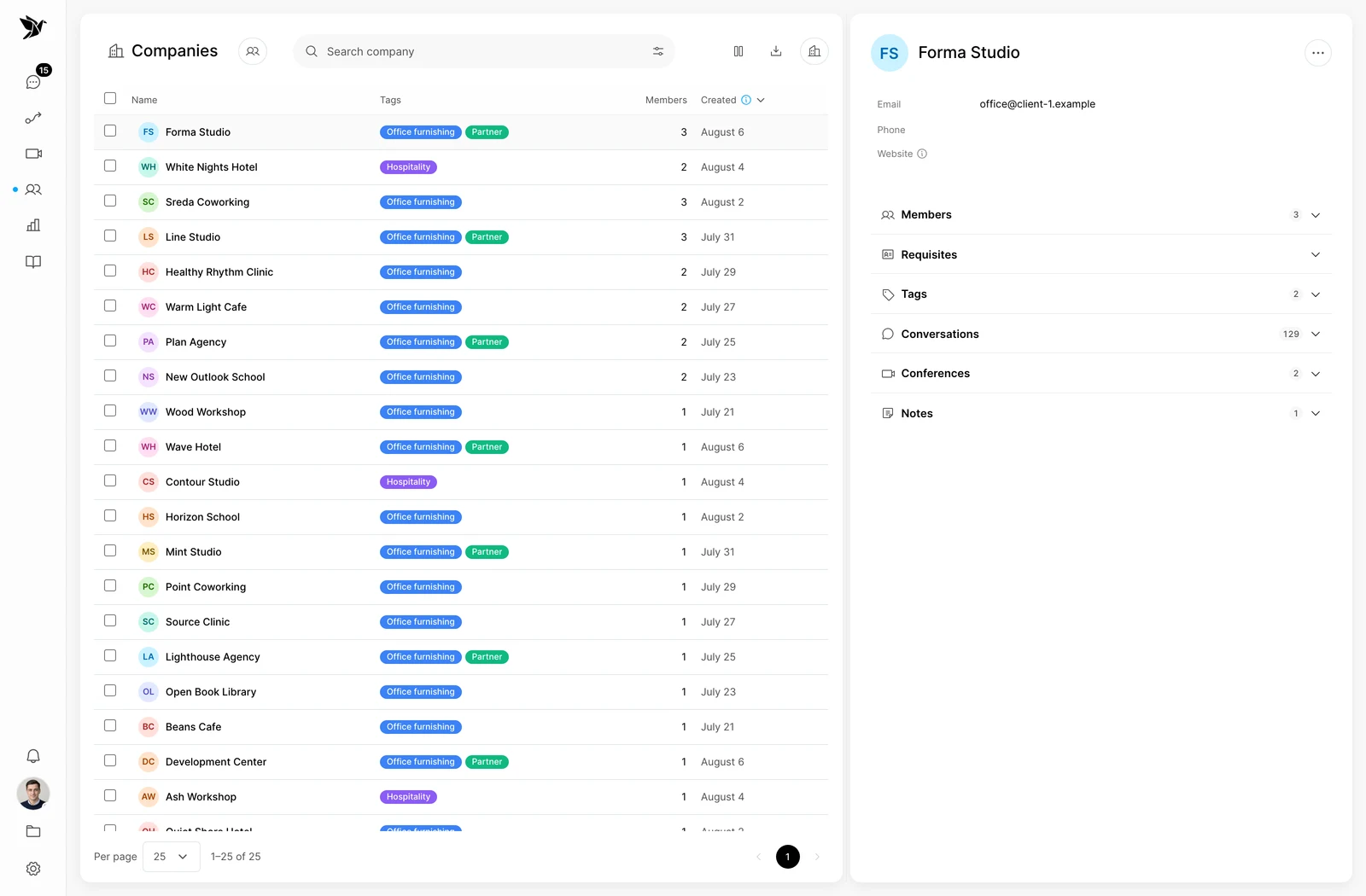 Tygy interface: companies